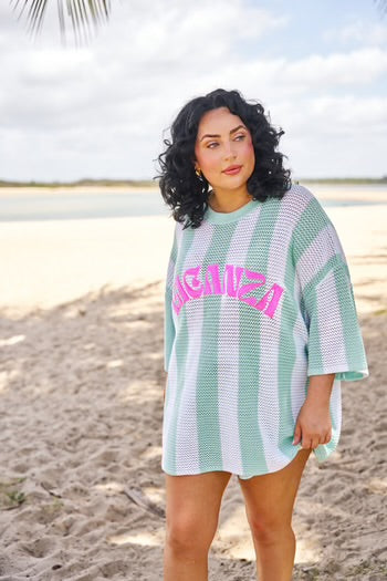 HIBISCUS HOTEL- Vacanza Mint + White Stripe Knit Tee
