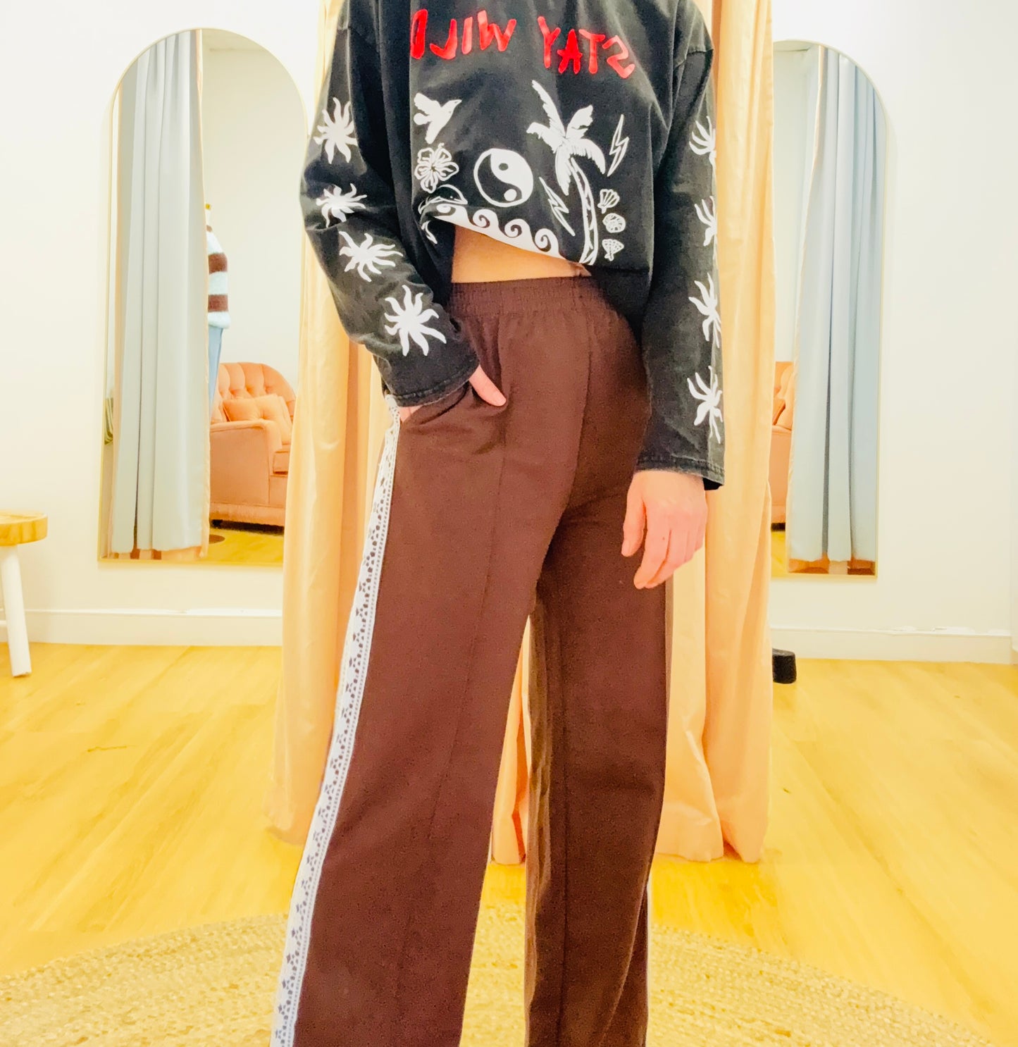 By Frankie/ Pleated Racer Pant- Chocolate / White lace Racer