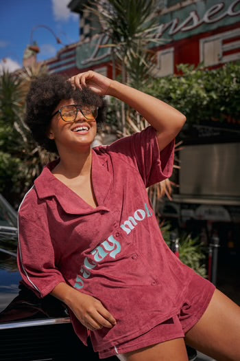 HIBISCUS HOTEL- Vacay Mode Oversized Terry button up shirt
