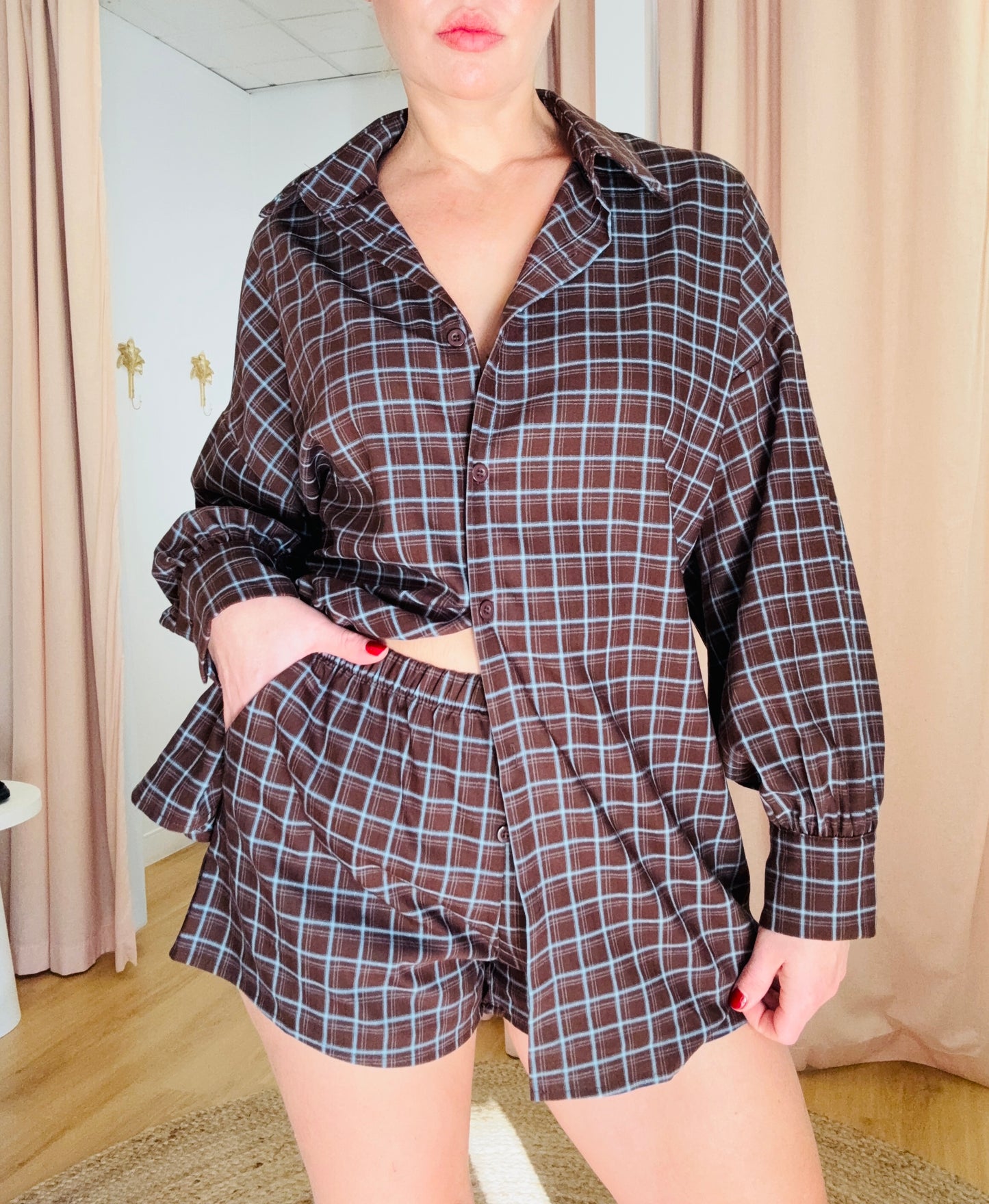 By Frankie/ Lottie Tie Shirt Set- Chocolate/ Blue