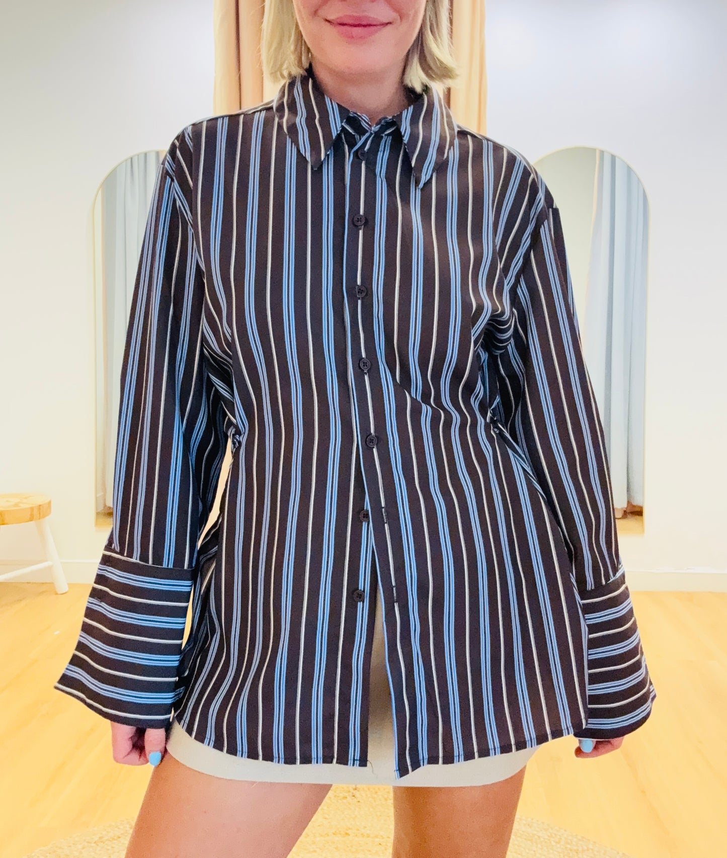 By Frankie/ Cinched Waist Detail Shirt - Chocolate/ Azure
