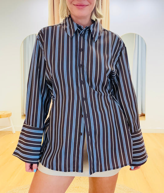 By Frankie/ Cinched Waist Detail Shirt - Chocolate/ Azure