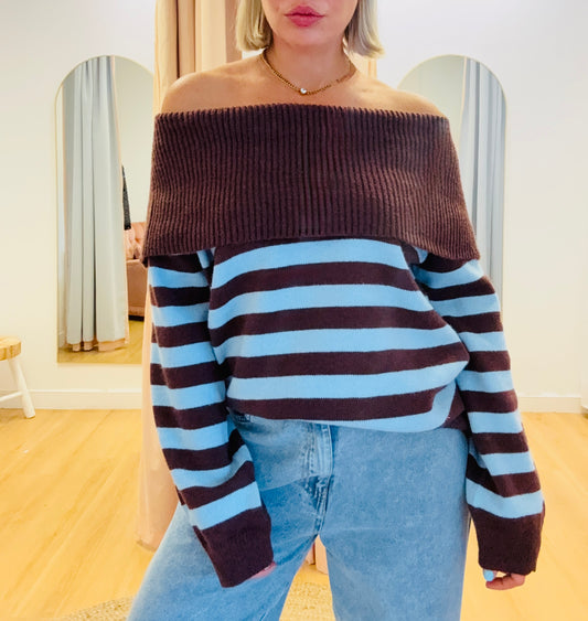 By Frankie/ Off Shoulder Knit- Blue/Chocolate