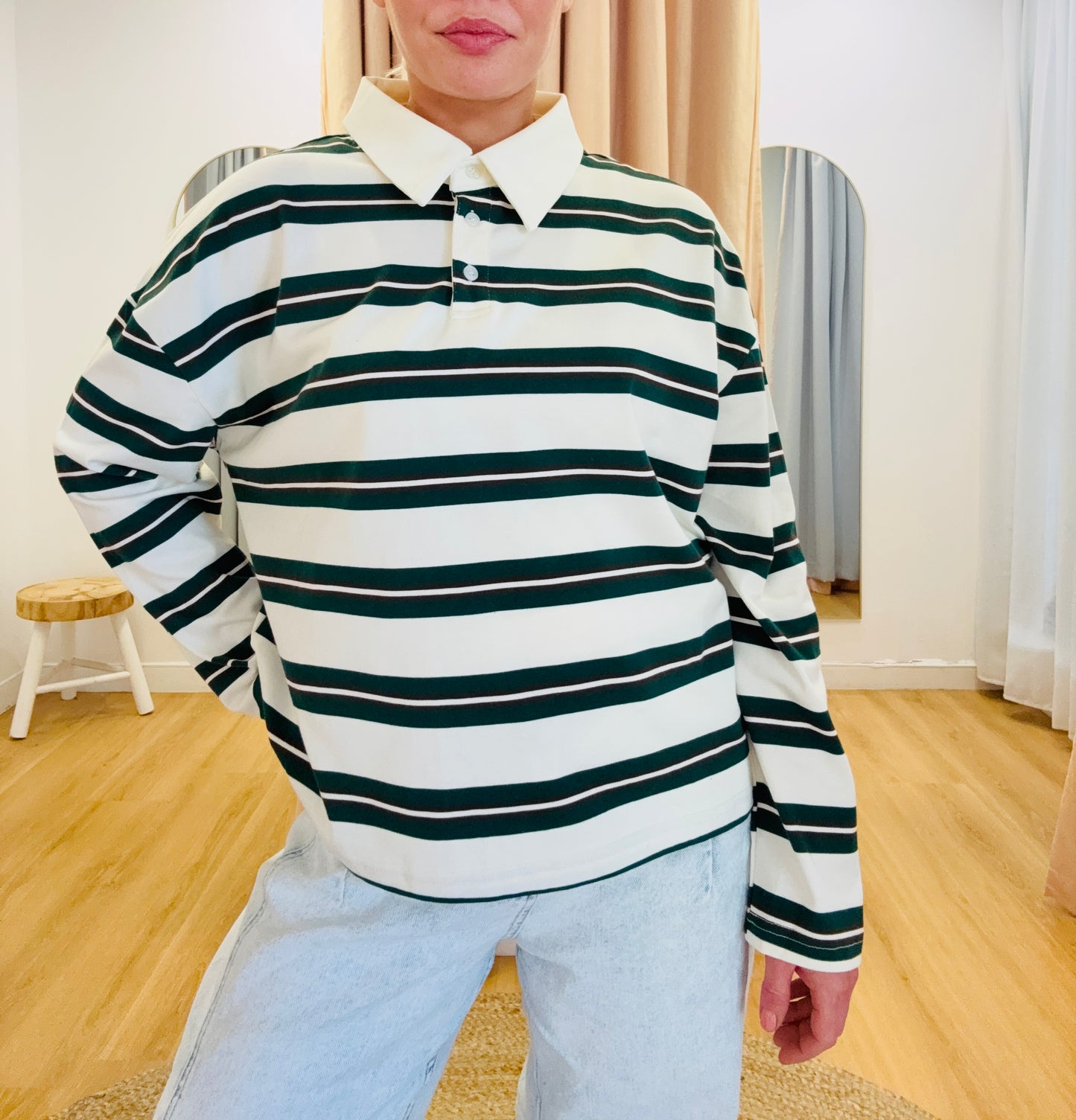 Stevie Stripe Jersey- Cream/ Forest