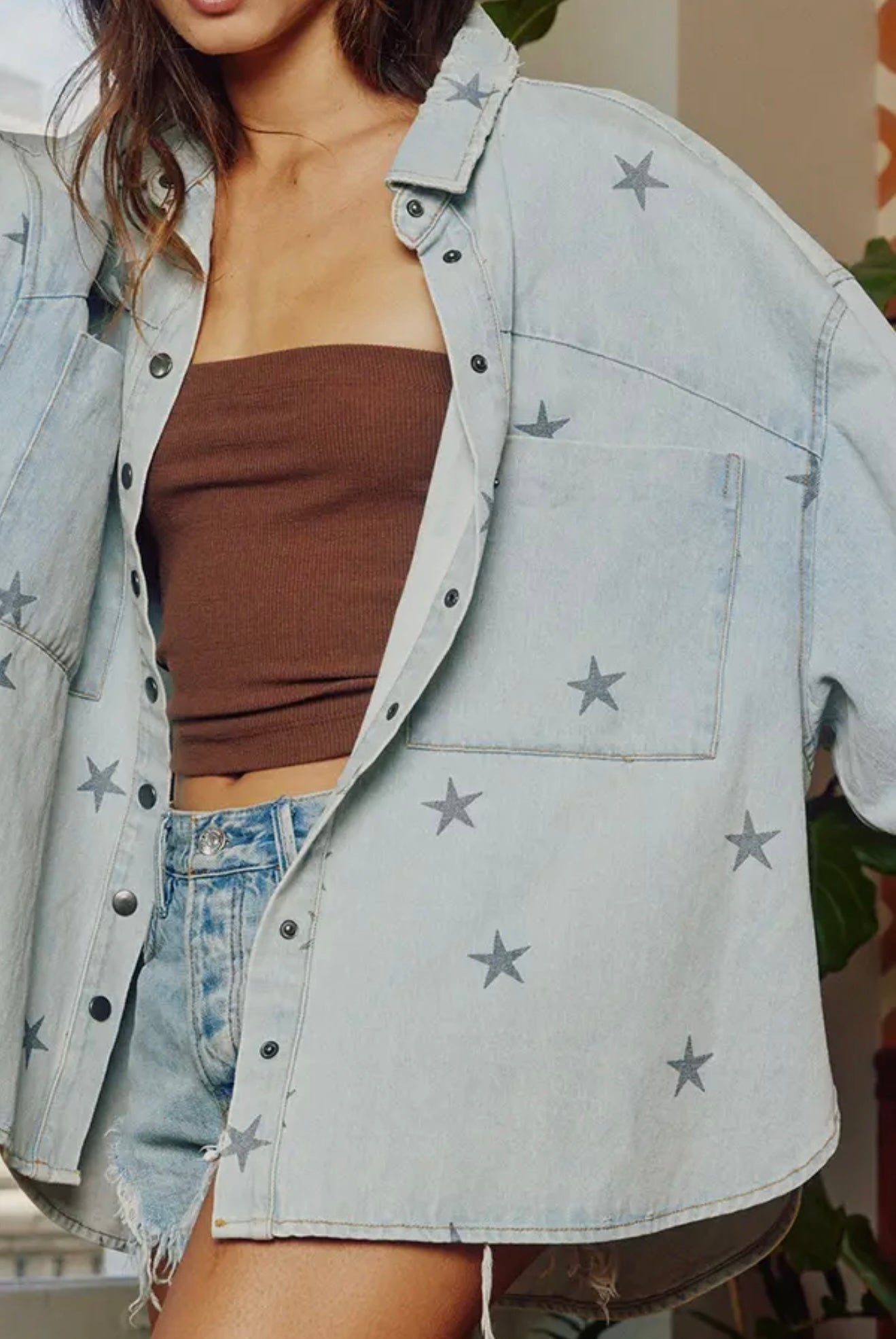 Star Print Denim Washed Shirt Shacket