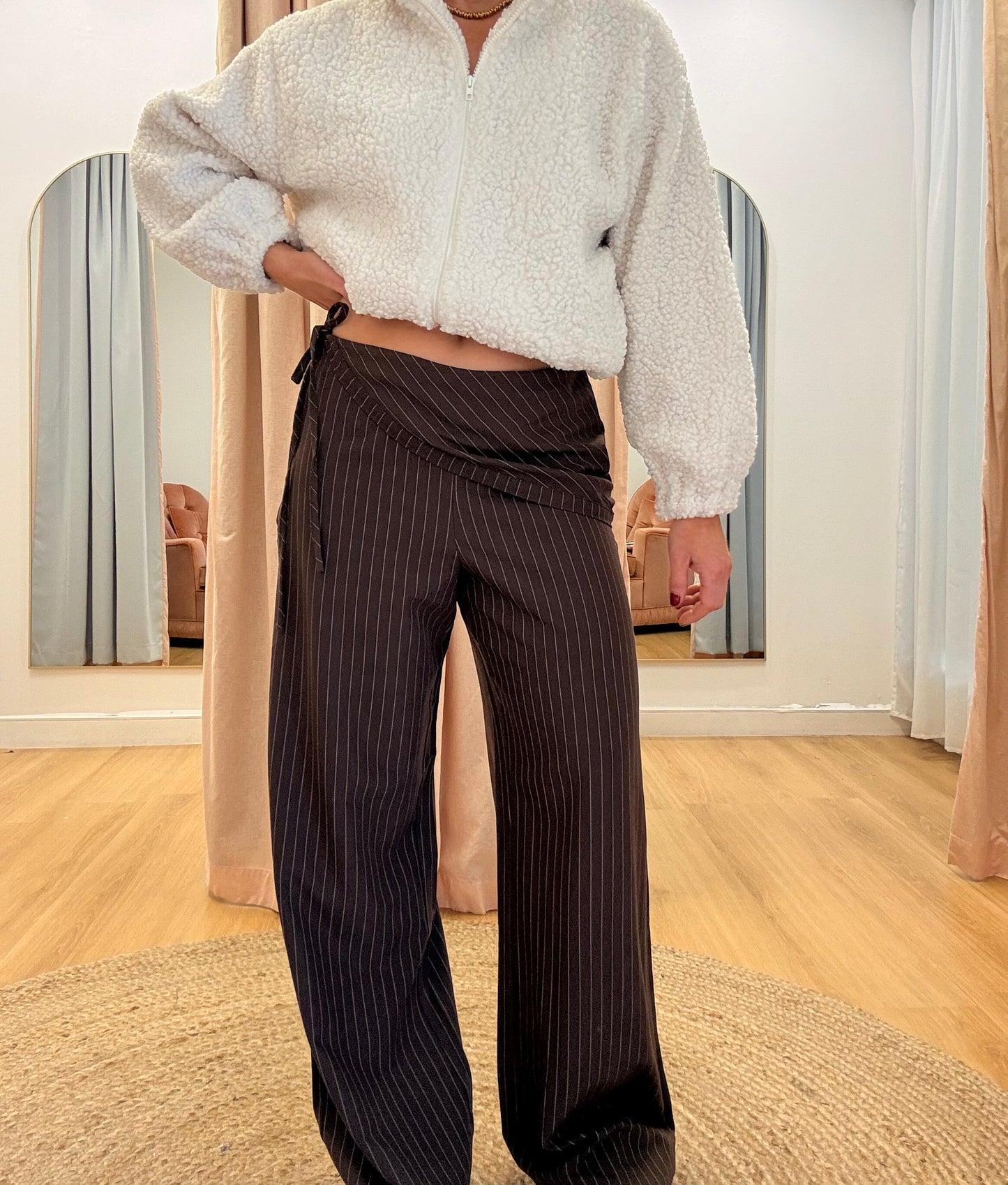 Eve Asymmetrical Pant- Chocolate Pinstripe