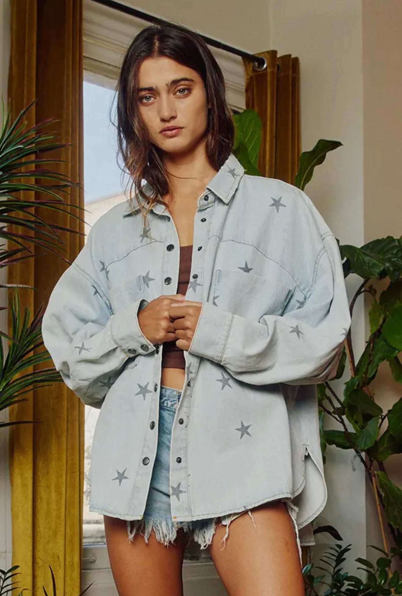 Star Print Denim Washed Shirt Shacket