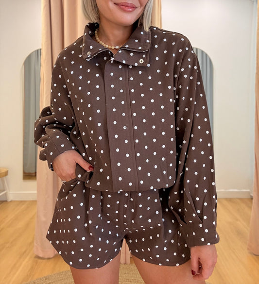 By Frankie / Marlo Bomber Short Set- Denim Polka Dot