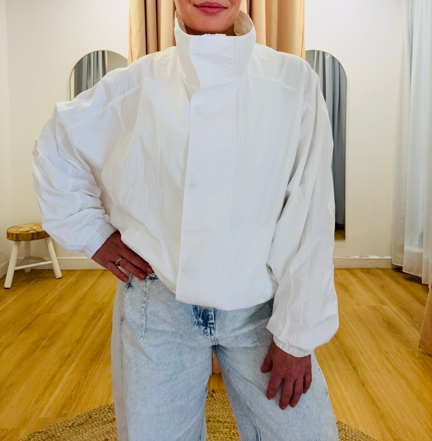 Bowie Funnel Neck Windbreaker Jacket- White