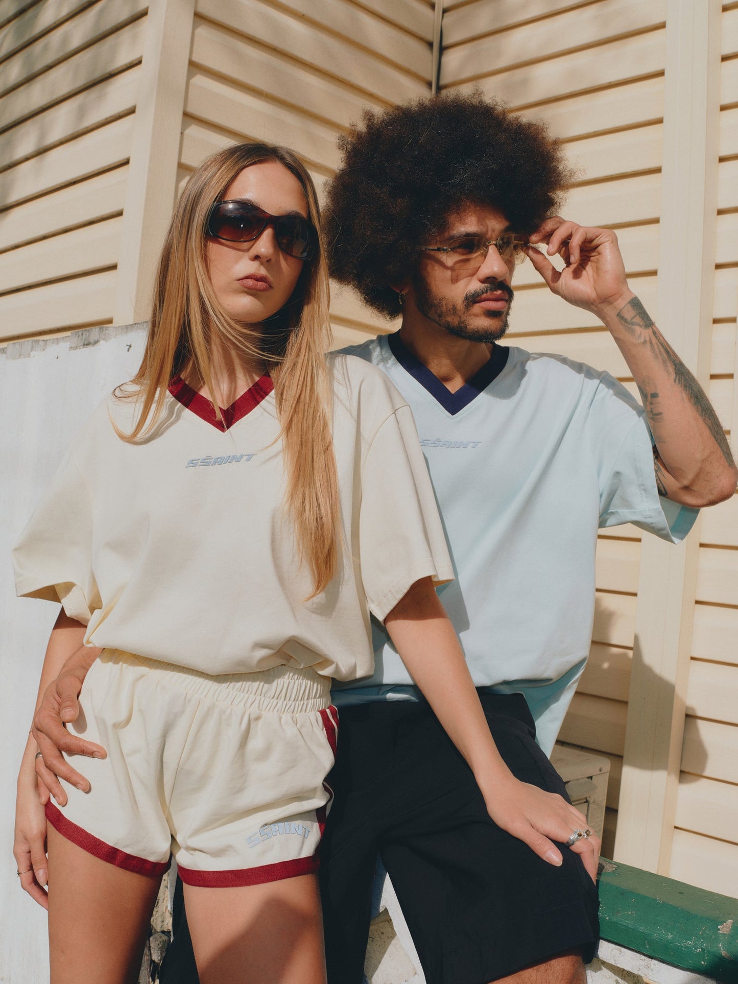 SSAINT/ REFLECTIVE V NECK TEE - BUTTER