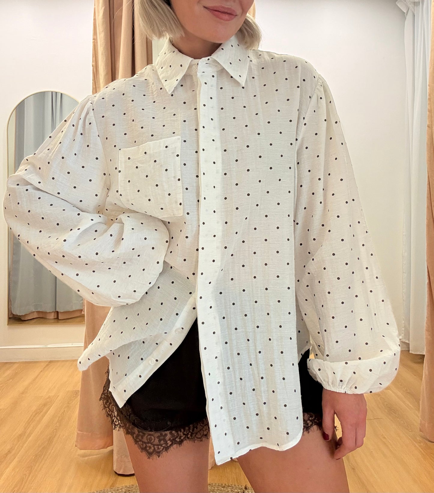 Chole Button Up Shirt- Cream/Choc Polka Dot