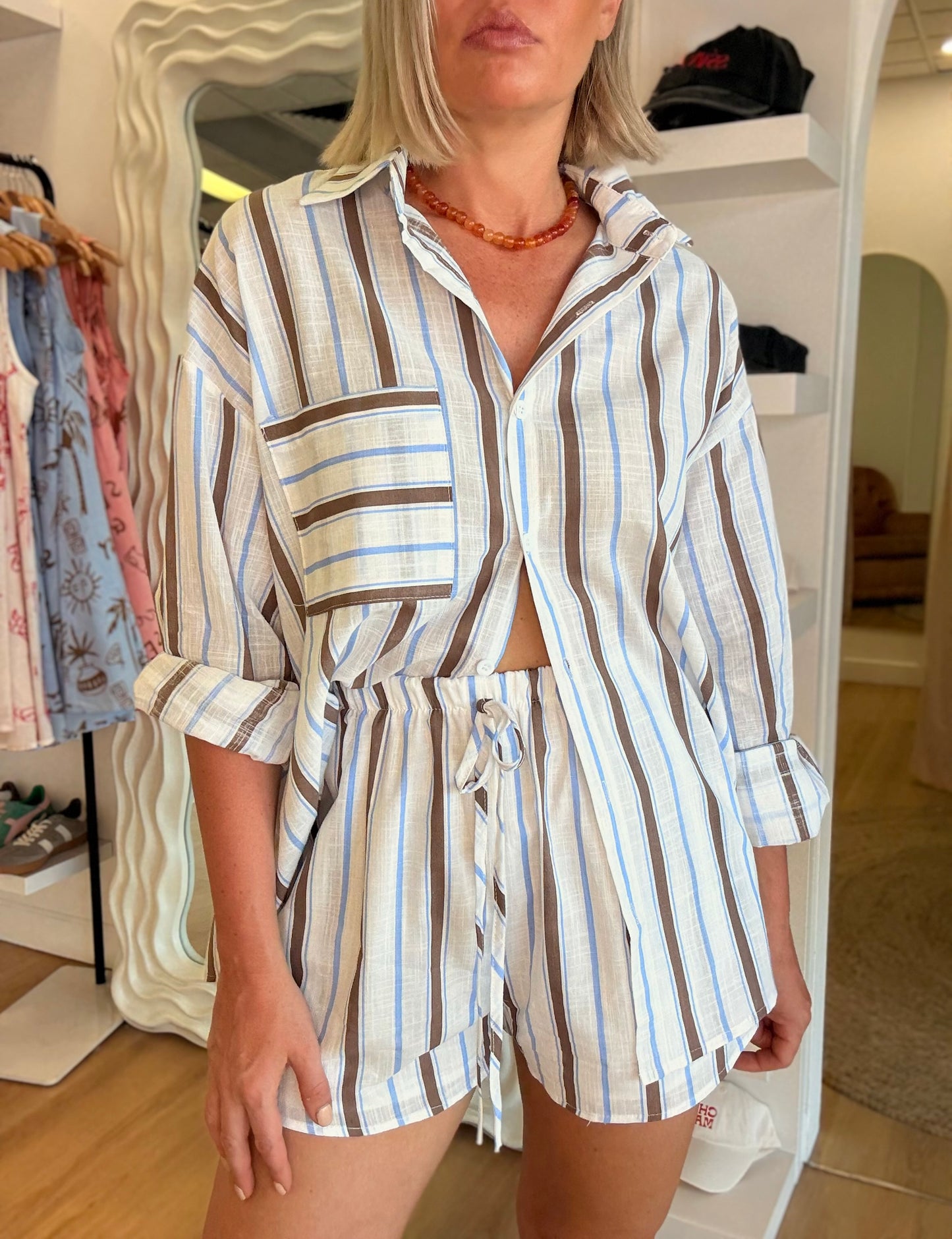 By Frankie/ Amara Short Set- Sky Mocha Stripe