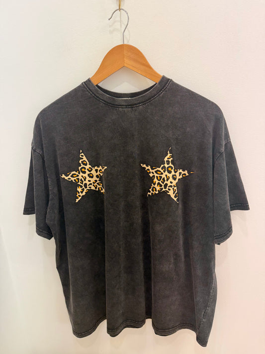 By Frankie/ Leopard Stars Tee-Acid Wash