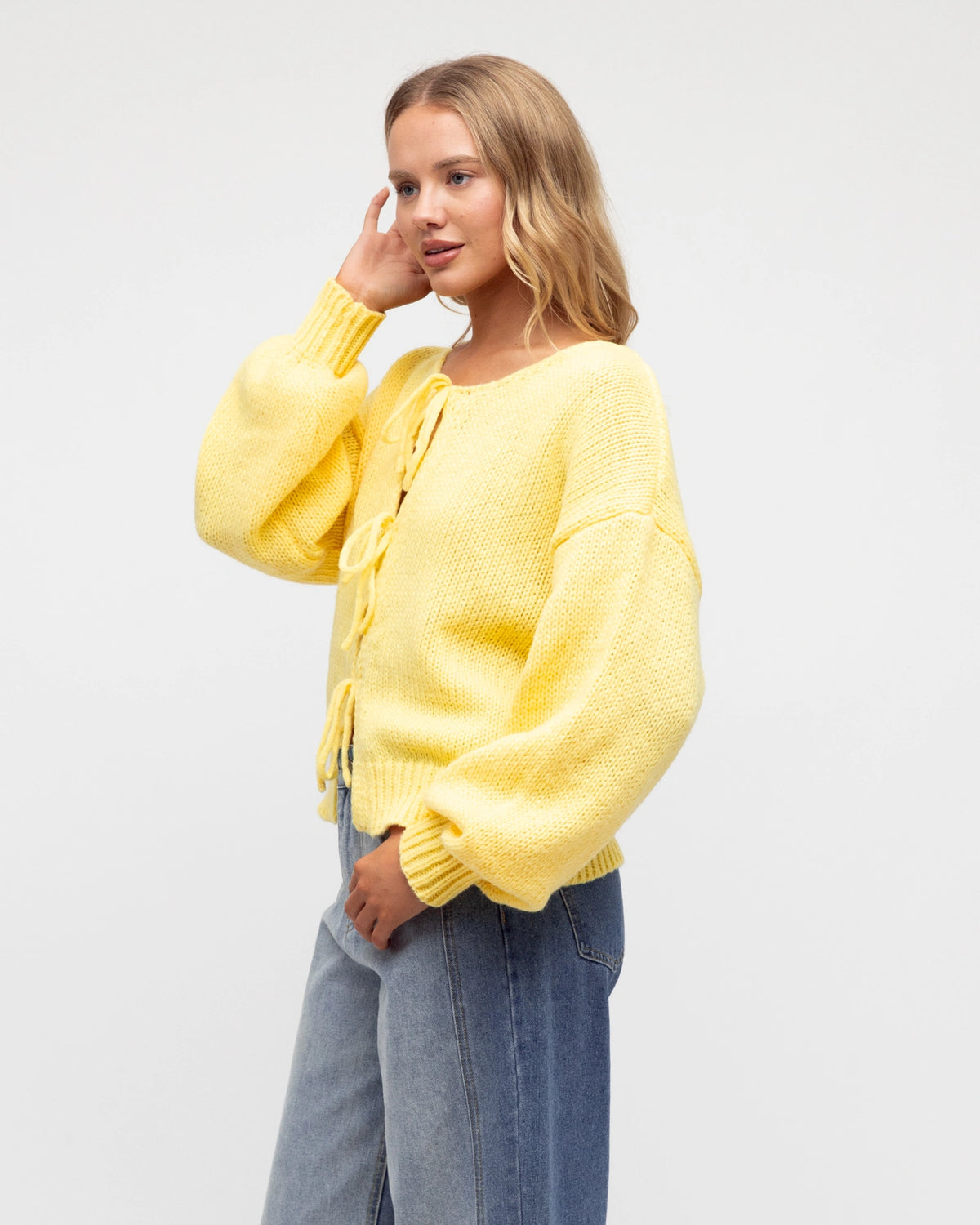 BALLOONING LONG SLEEVE TIE KNIT CARDIGAN- LEMON