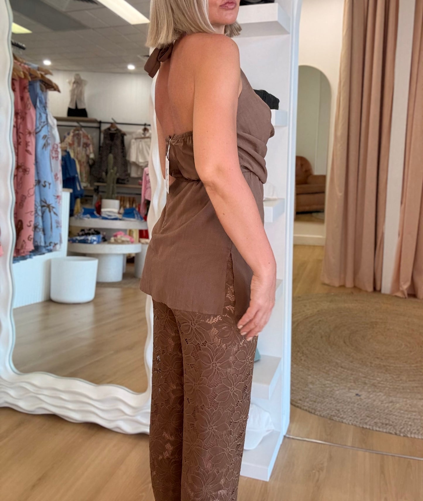 By Frankie/ Halter Lace Pant Set- Mocha