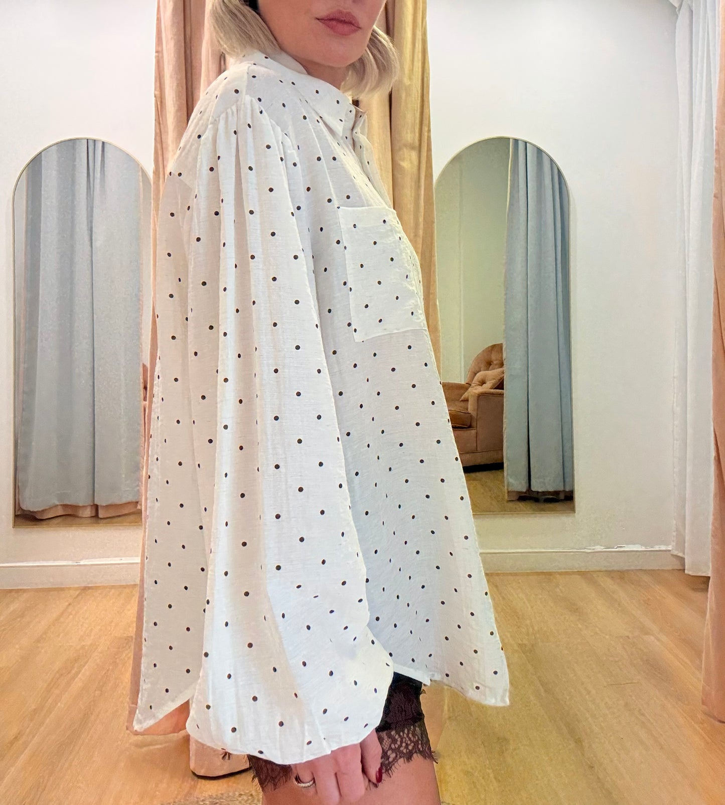 Chole Button Up Shirt- Cream/Choc Polka Dot
