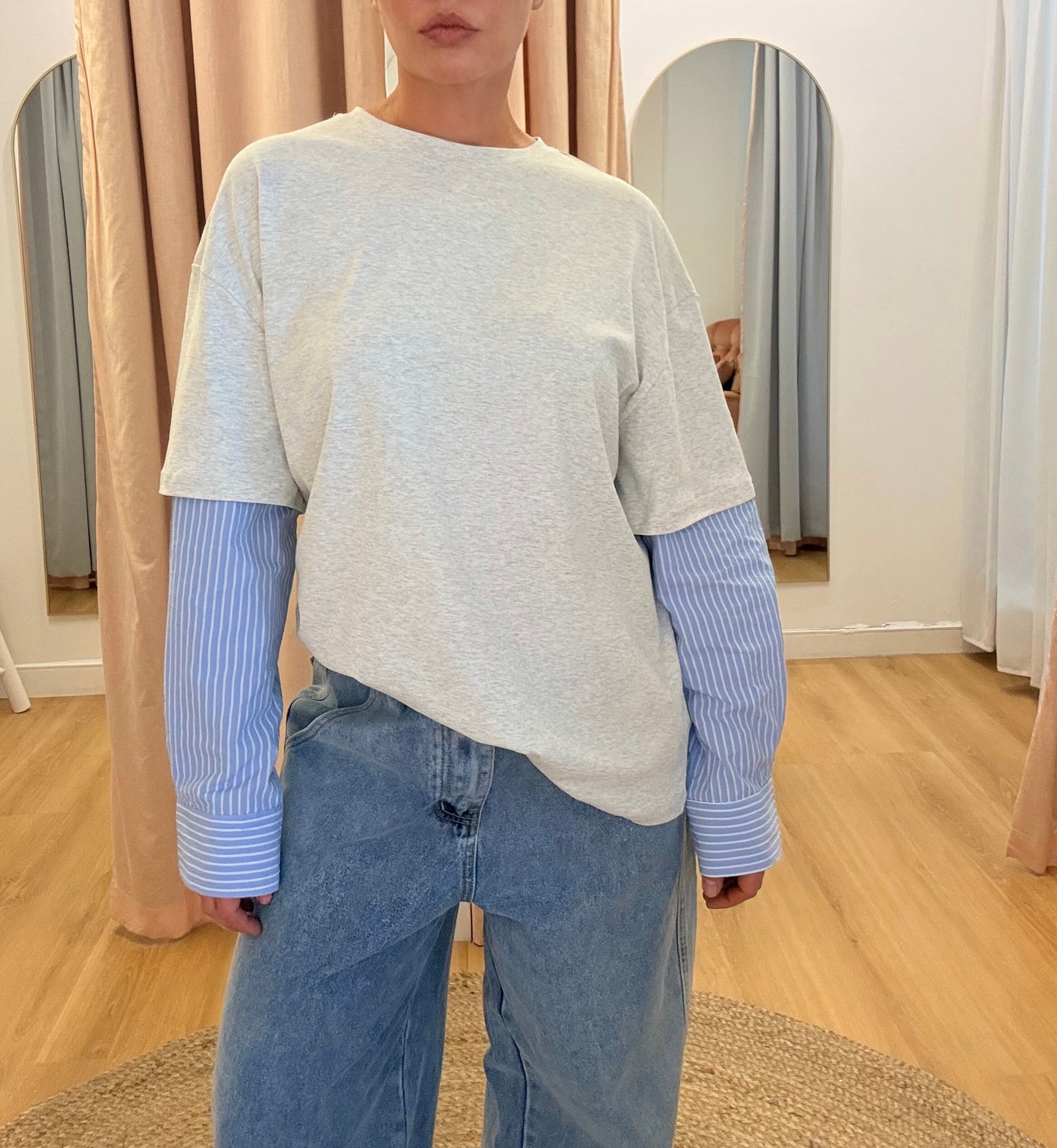By Frankie/ Hallie Long sleeve- Grey/Blue Pinstriped