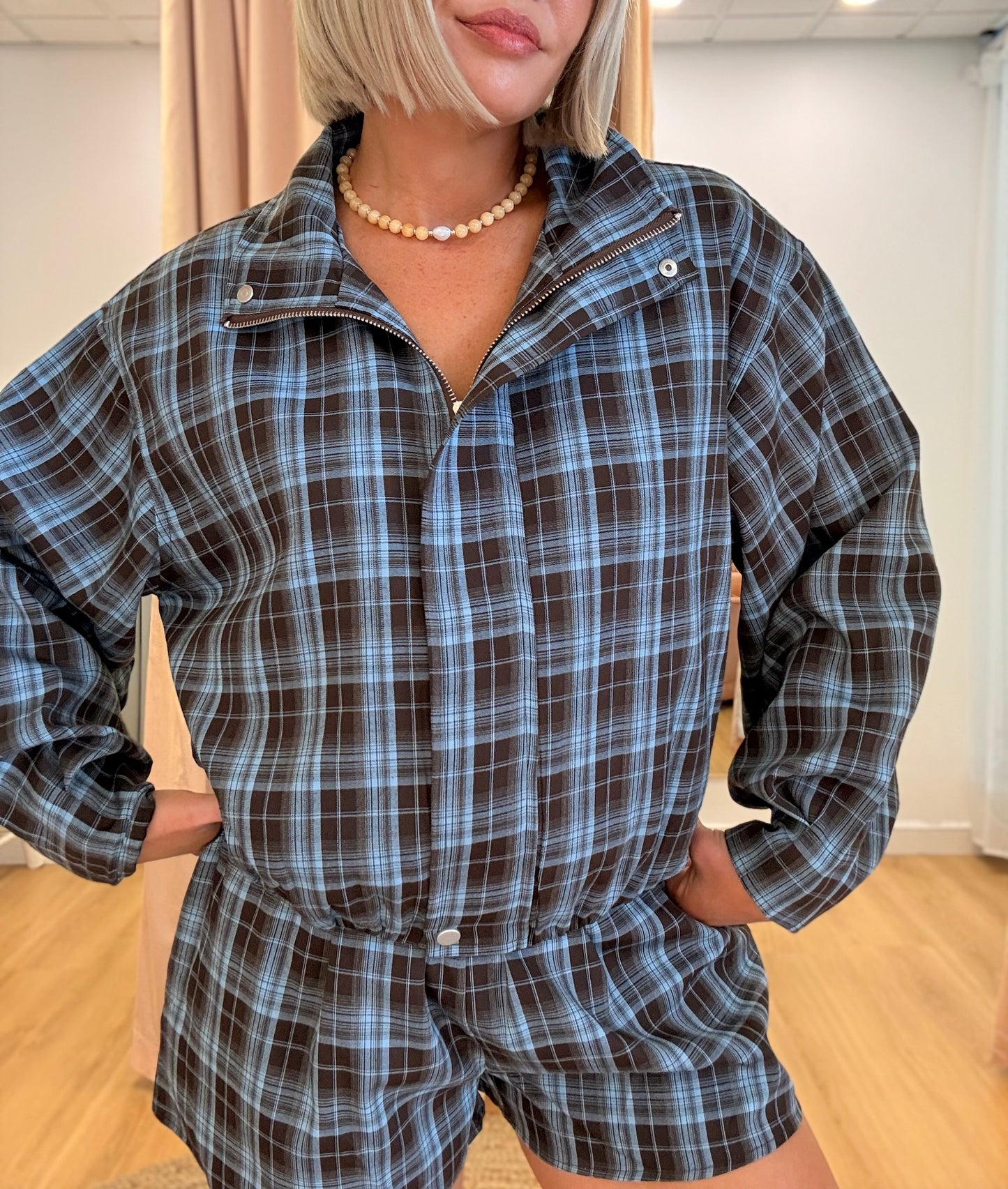 By Frankie/ Marlo Bomber Short Set- sky Chocolate Plaid