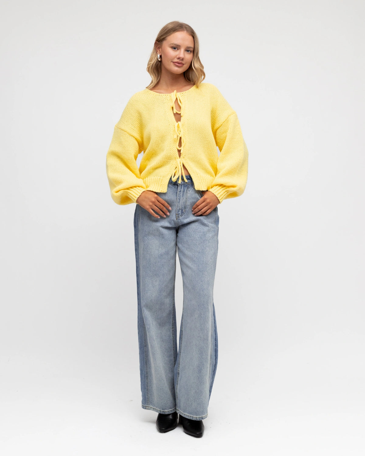 BALLOONING LONG SLEEVE TIE KNIT CARDIGAN- LEMON