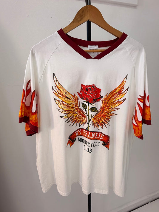 By Frankie/ Mayhem Rose Racer Tee-White