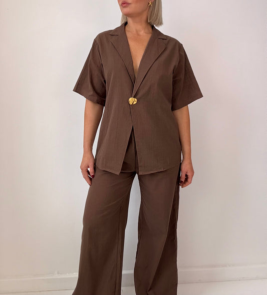 Ava Button Pant Set- chocolate
