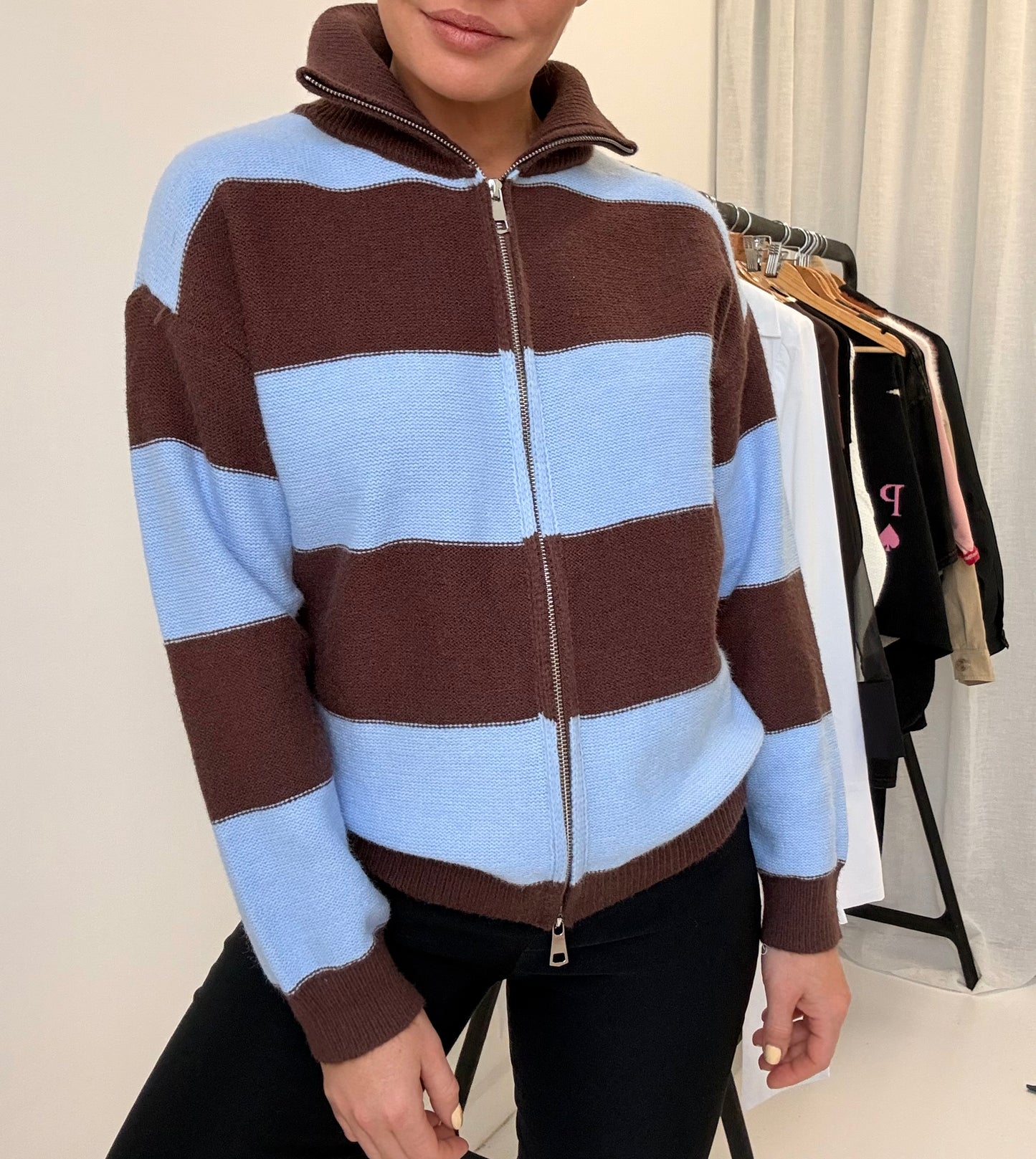 By Frankie/ Funnel Neck Zip Knit- Choc- Sky
