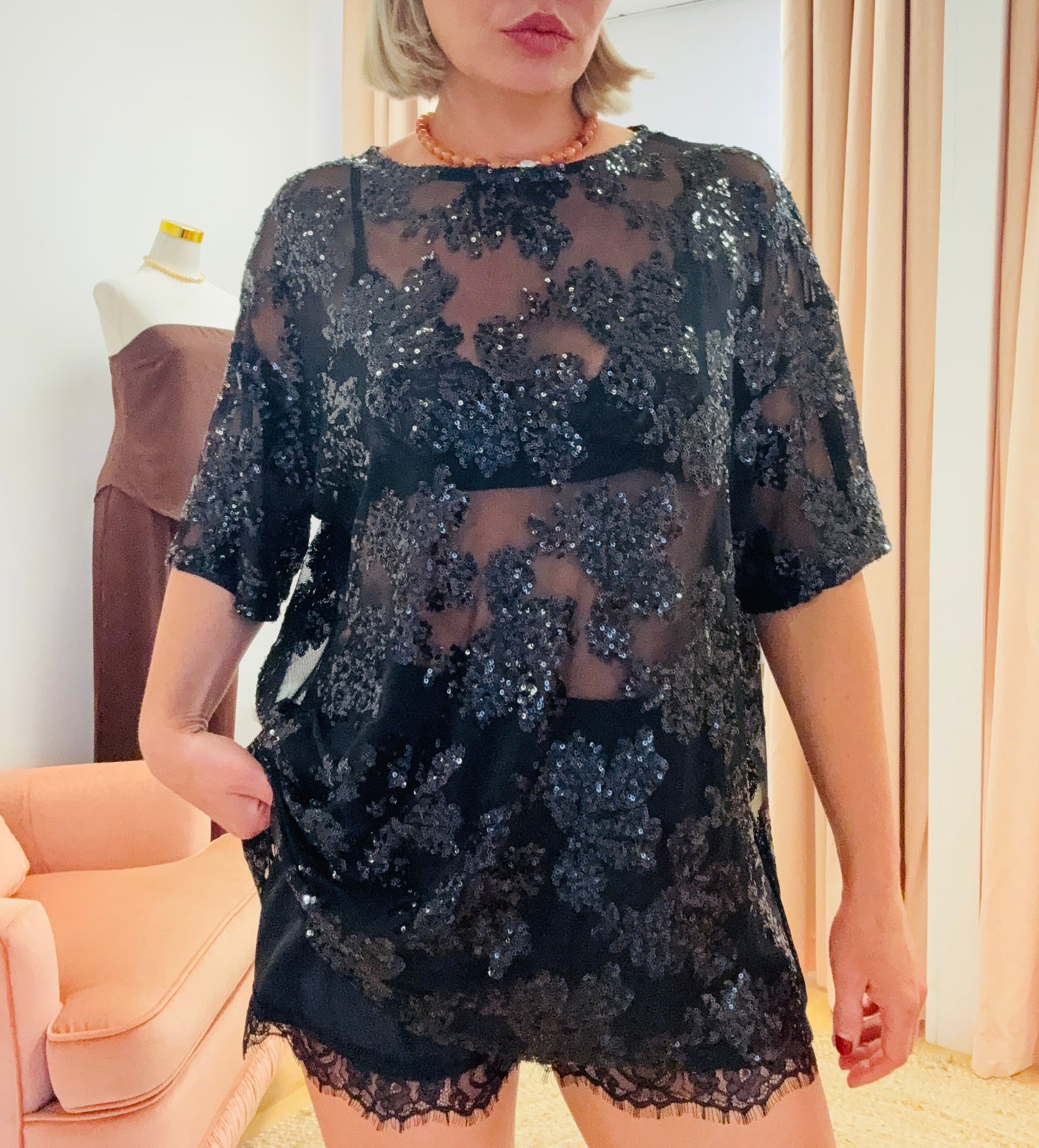 By Frankie/ Sequin Flower Oversized Tee- Black