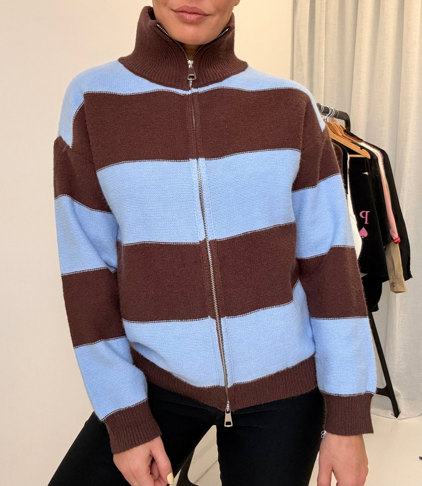 By Frankie/ Funnel Neck Zip Knit- Choc- Sky