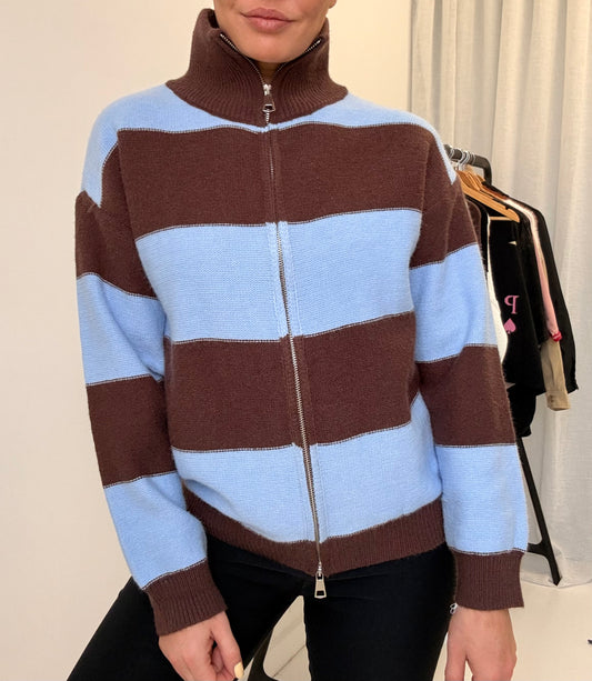 By Frankie/ Funnel Neck Zip Knit- Choc- Sky