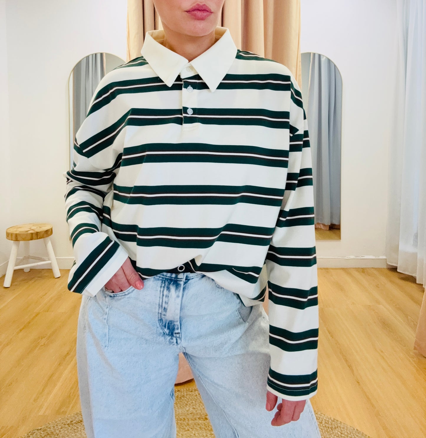 Stevie Stripe Jersey- Cream/ Forest