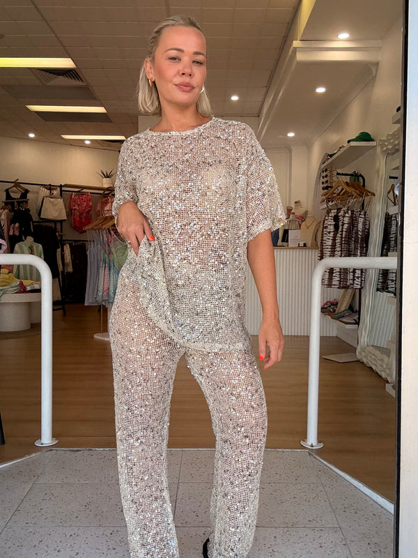 BACK IN STOCK By Frankie/ Sequin Pant- Cream