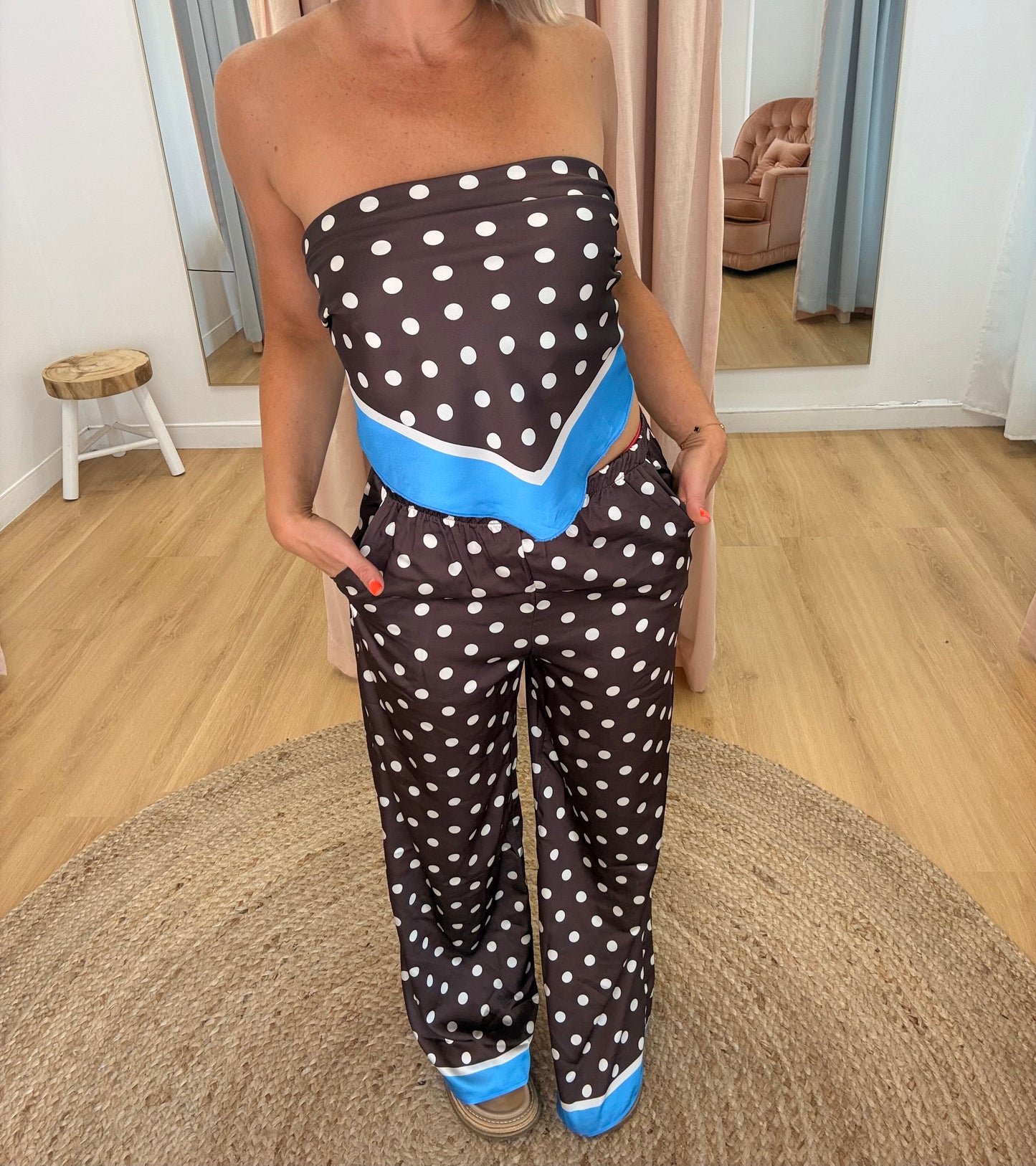 By Frankie/Scarf Pant Set- choc/Sky Polka