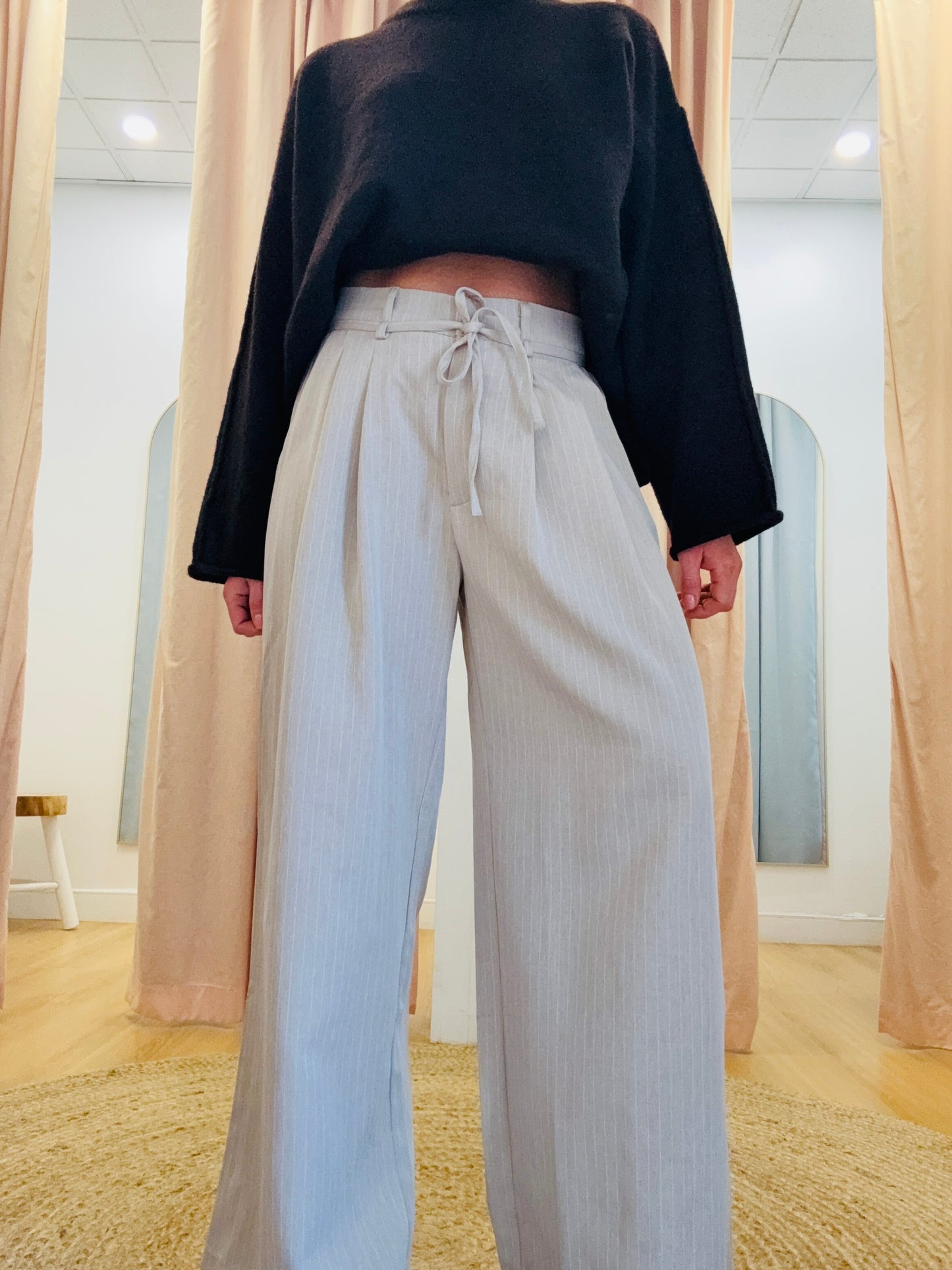 Blair Pleated Wide Leg Pant- Biscuit/White pinstripe