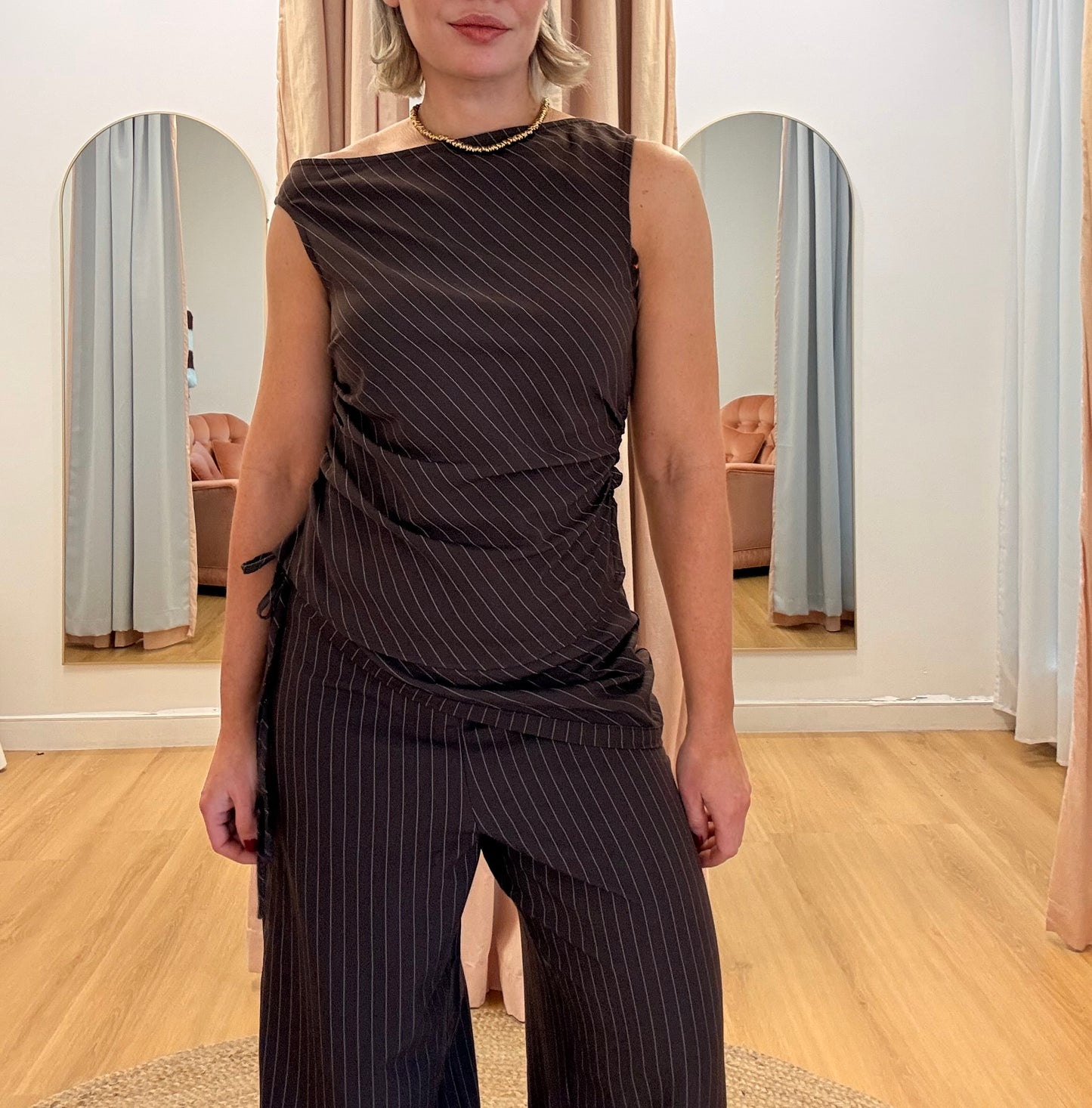 Eve Asymmetrical Top- Chocolate pinstripe