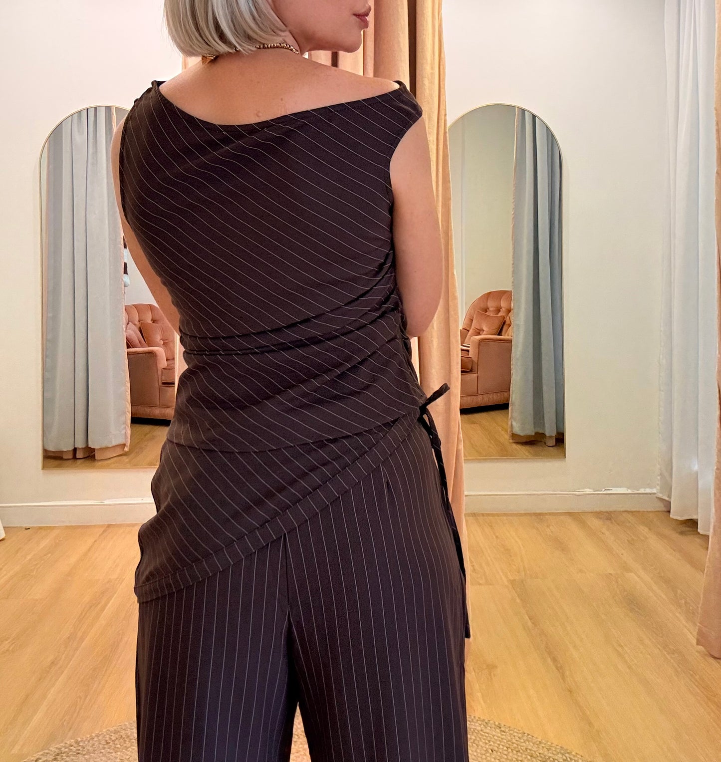 Eve Asymmetrical Top- Chocolate pinstripe