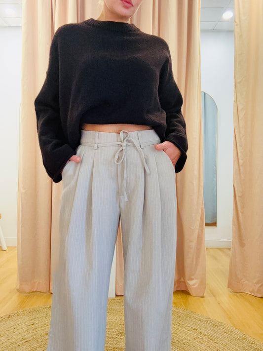 Blair Pleated Wide Leg Pant- Biscuit/White pinstripe