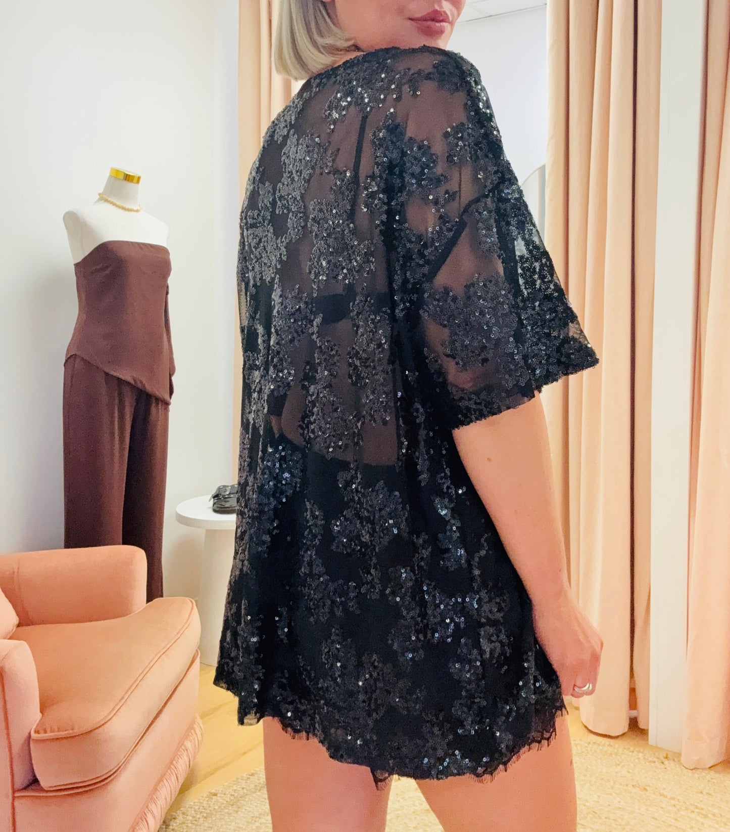 By Frankie/ Sequin Flower Oversized Tee- Black