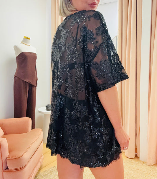 By Frankie/ Sequin Flower Oversized Tee- Black