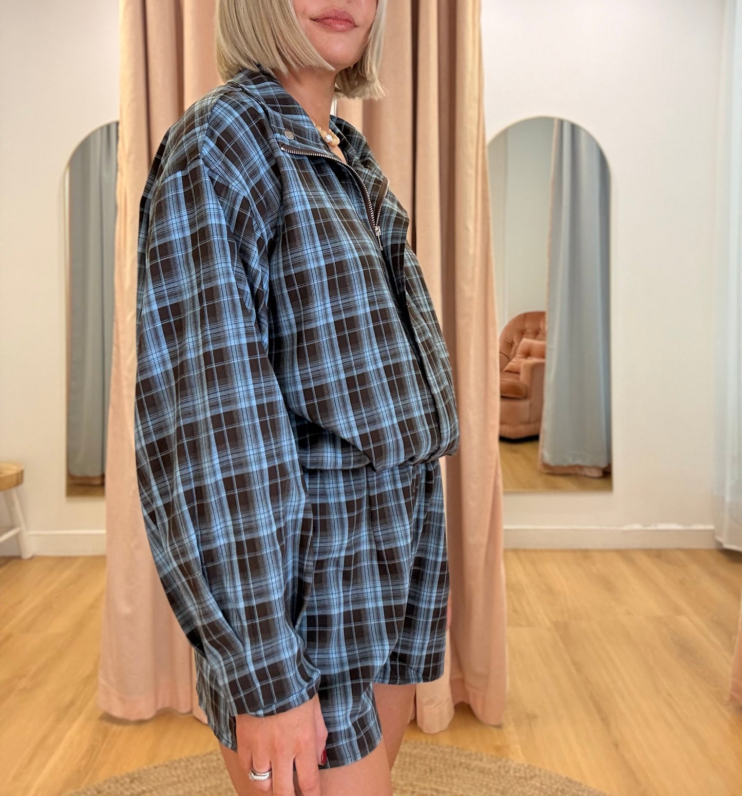 By Frankie/ Marlo Bomber Short Set- sky Chocolate Plaid