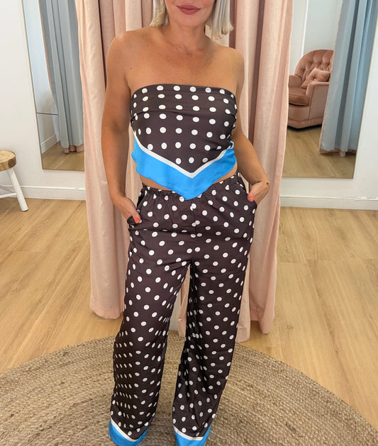 By Frankie/Scarf Pant Set- choc/Sky Polka