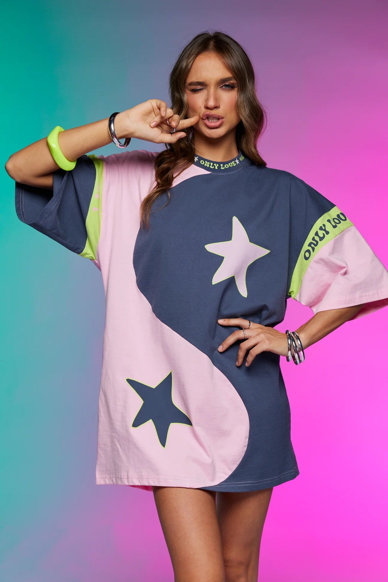 ONLY LOVERS LEFT- YIN YANG TEE DRESS ~ CHARCOAL LIME