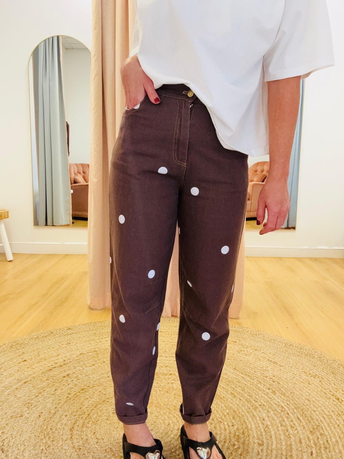 By Frankie/ Barrel Jeans- Chocolate Polka Dot