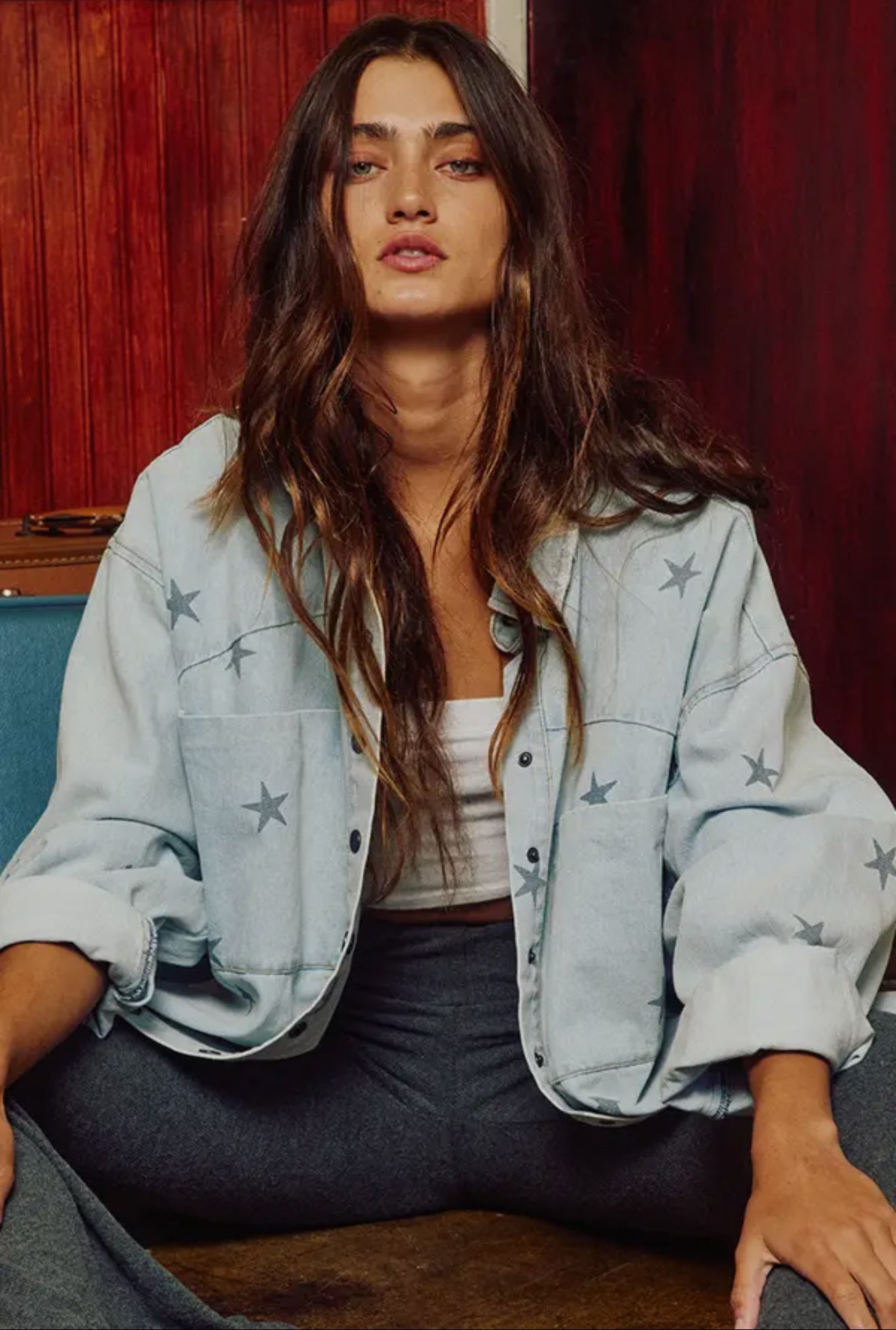 Star Print Denim Washed Shirt Shacket