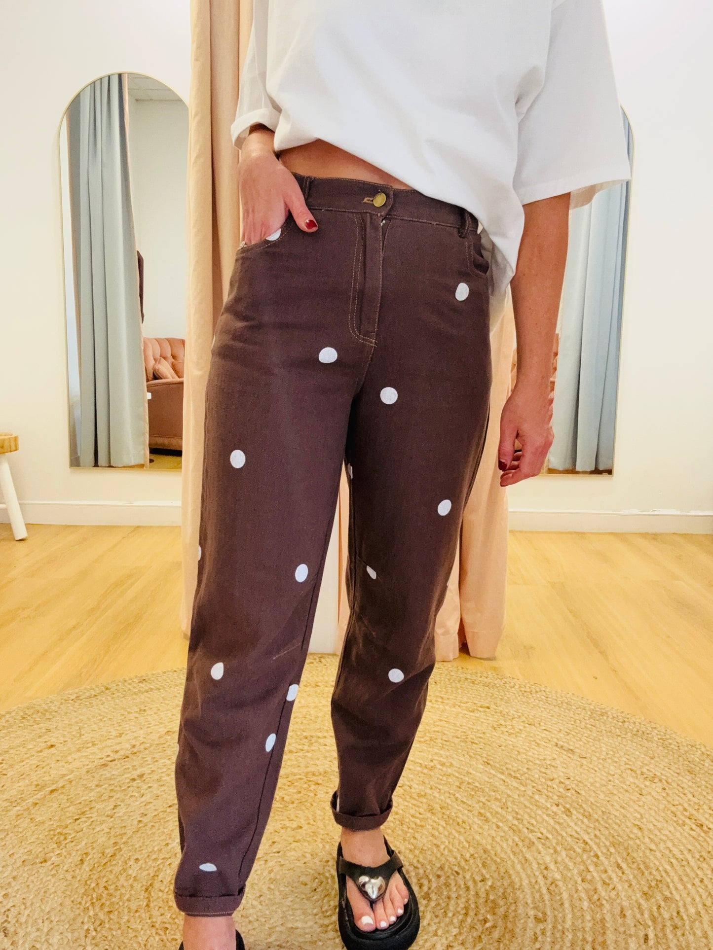 By Frankie/ Barrel Jeans- Chocolate Polka Dot