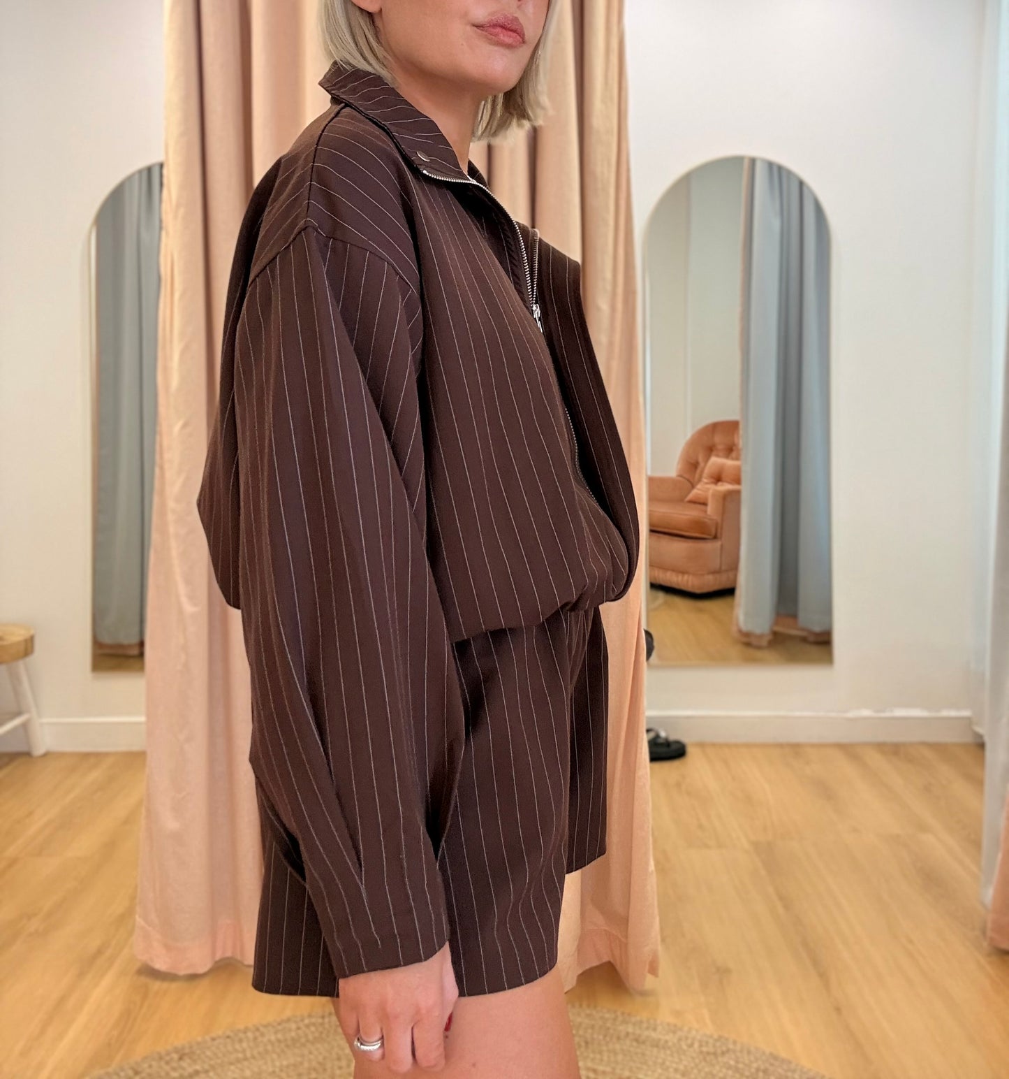 By Frankie / Marlo Bomber Short Set- Chocolate Pinstripe