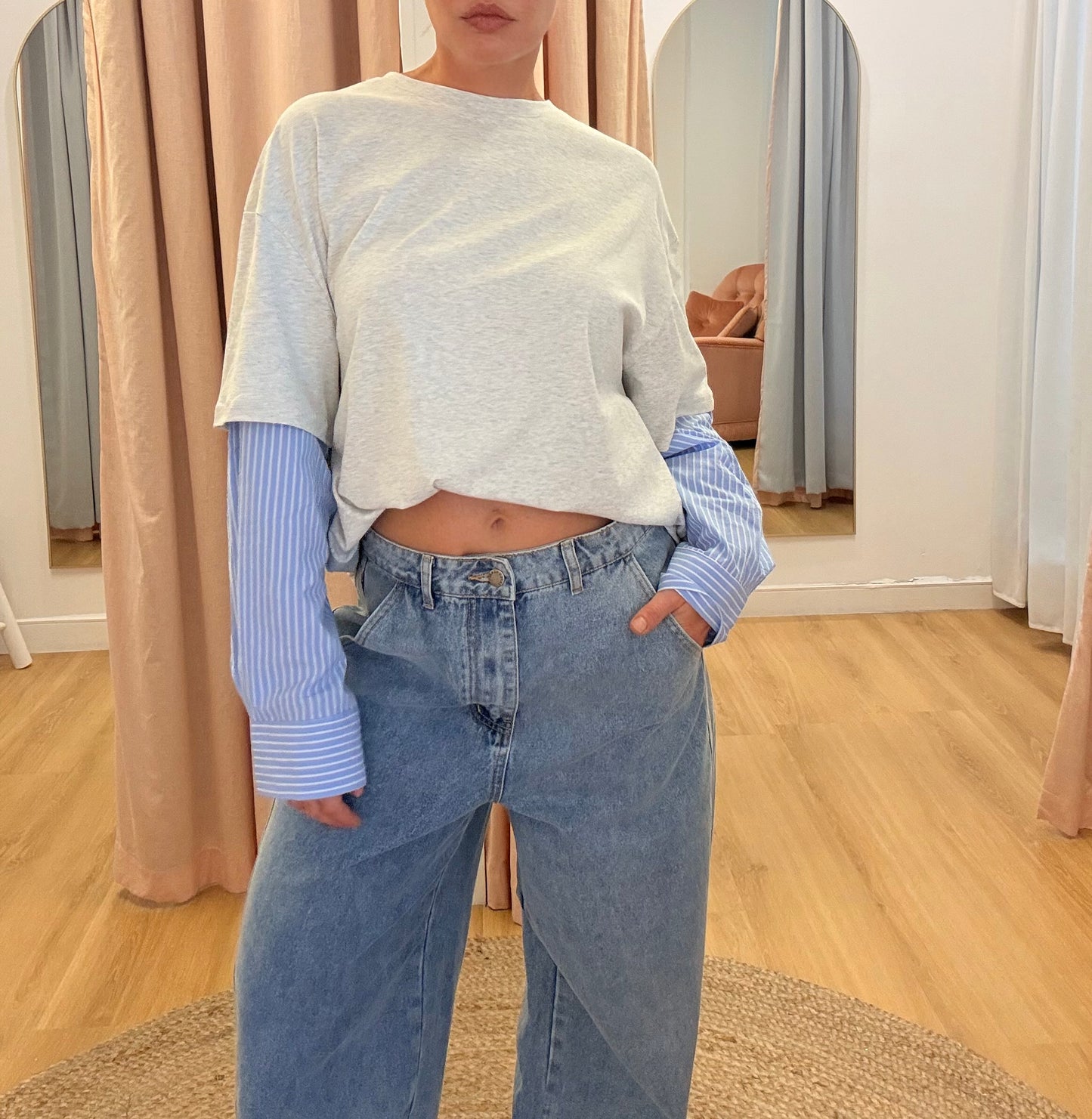 By Frankie/ Hallie Long sleeve- Grey/Blue Pinstriped