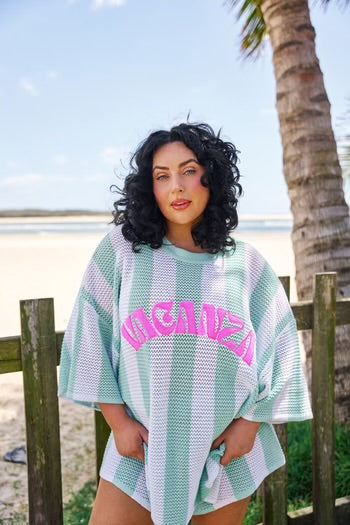 HIBISCUS HOTEL- Vacanza Mint + White Stripe Knit Tee
