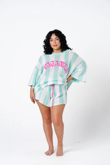 HIBISCUS HOTEL- Vacanza Mint + White Stripe Knit Tee