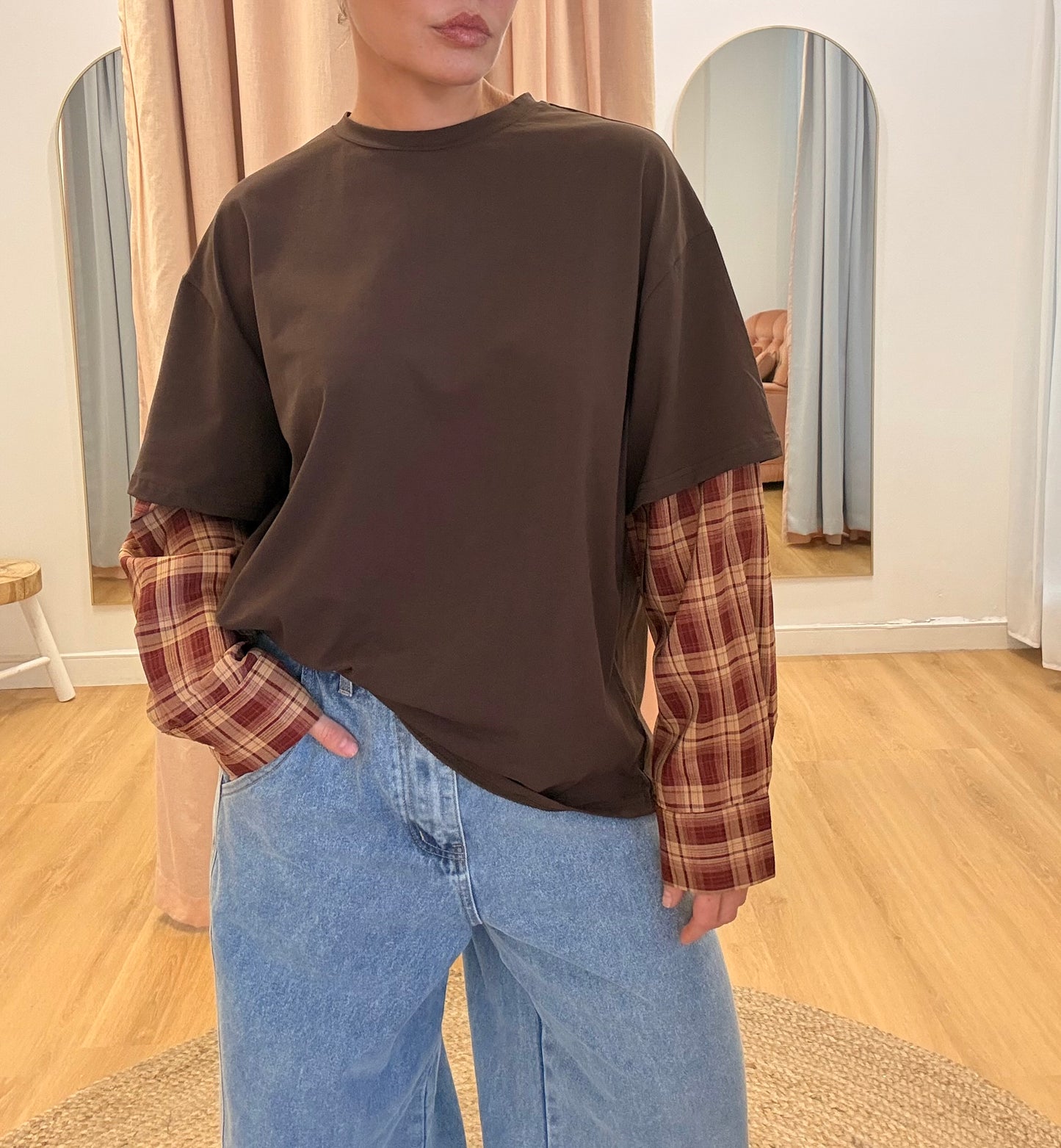 By Frankie/ Hallie Shirt Long Sleeve- Choc/ Burgundy Plaid