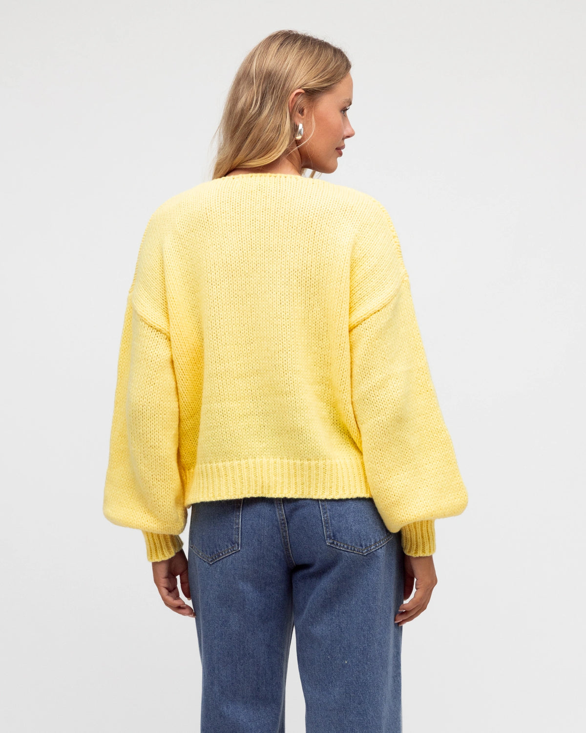 BALLOONING LONG SLEEVE TIE KNIT CARDIGAN- LEMON
